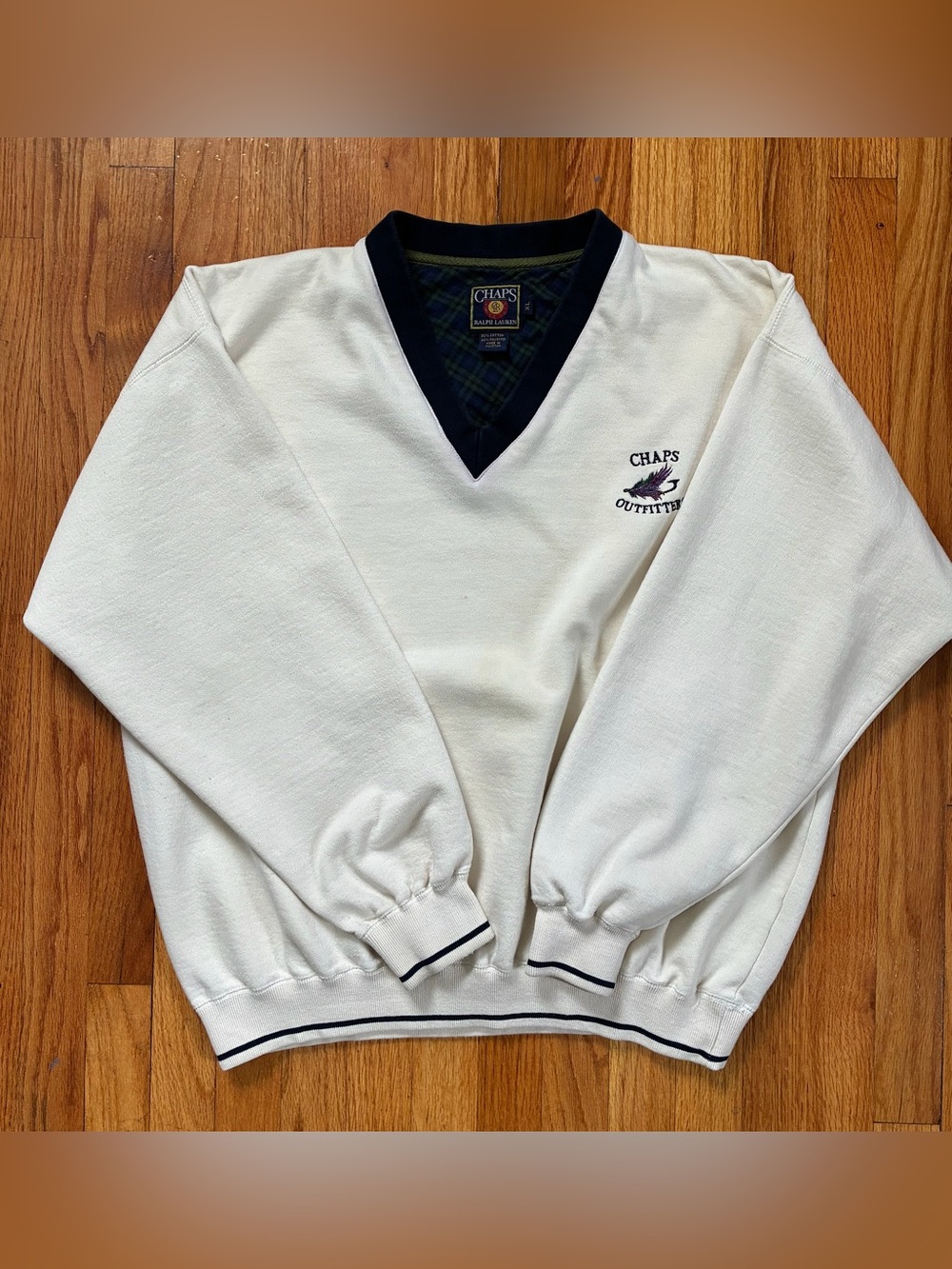 VTG Chaps Ralph Lauren V-Neck Pullover Sweatshirt Off White Navy Preppy Men’s XL